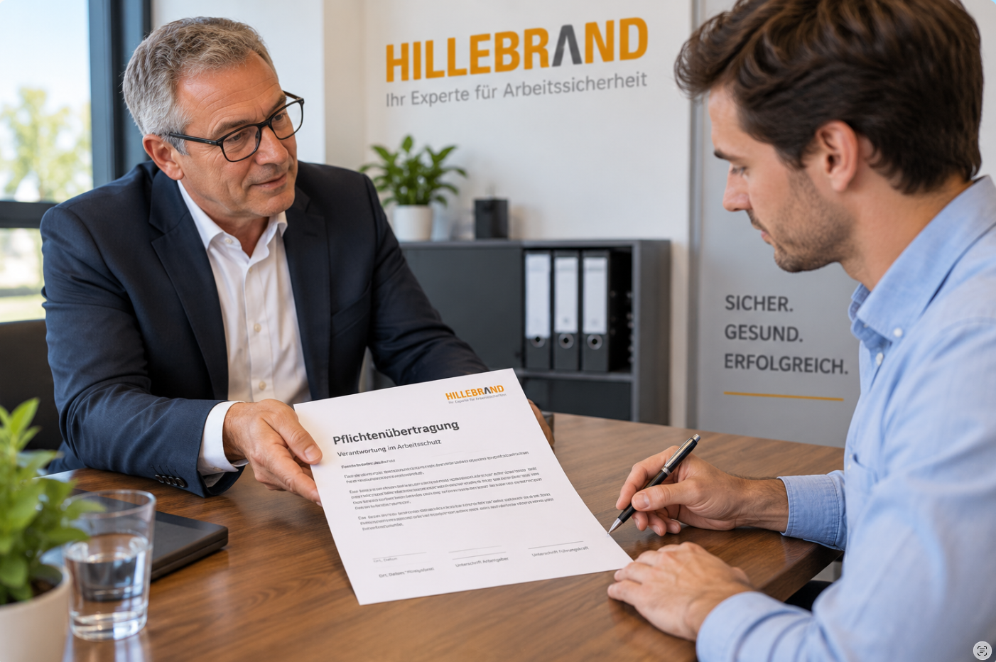 Arbeitgeber übergibt einer Führungskraft eine schriftliche Pflichtenübertragung im Arbeitsschutz zur Unterschrift.