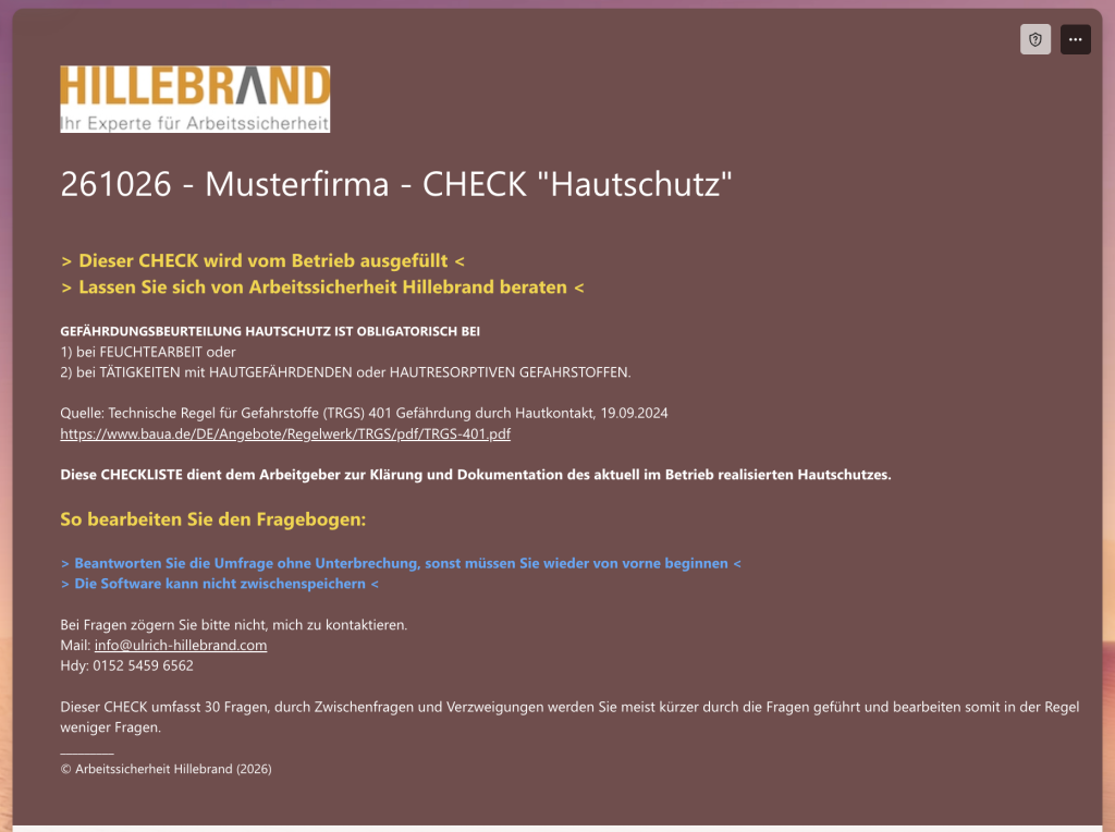 Screenshot des digitalen CHECK Gefährdungsbeurteilung Hautschutz zur Ermittlung betrieblicher Hautgefährdungen mit Microsoft Forms