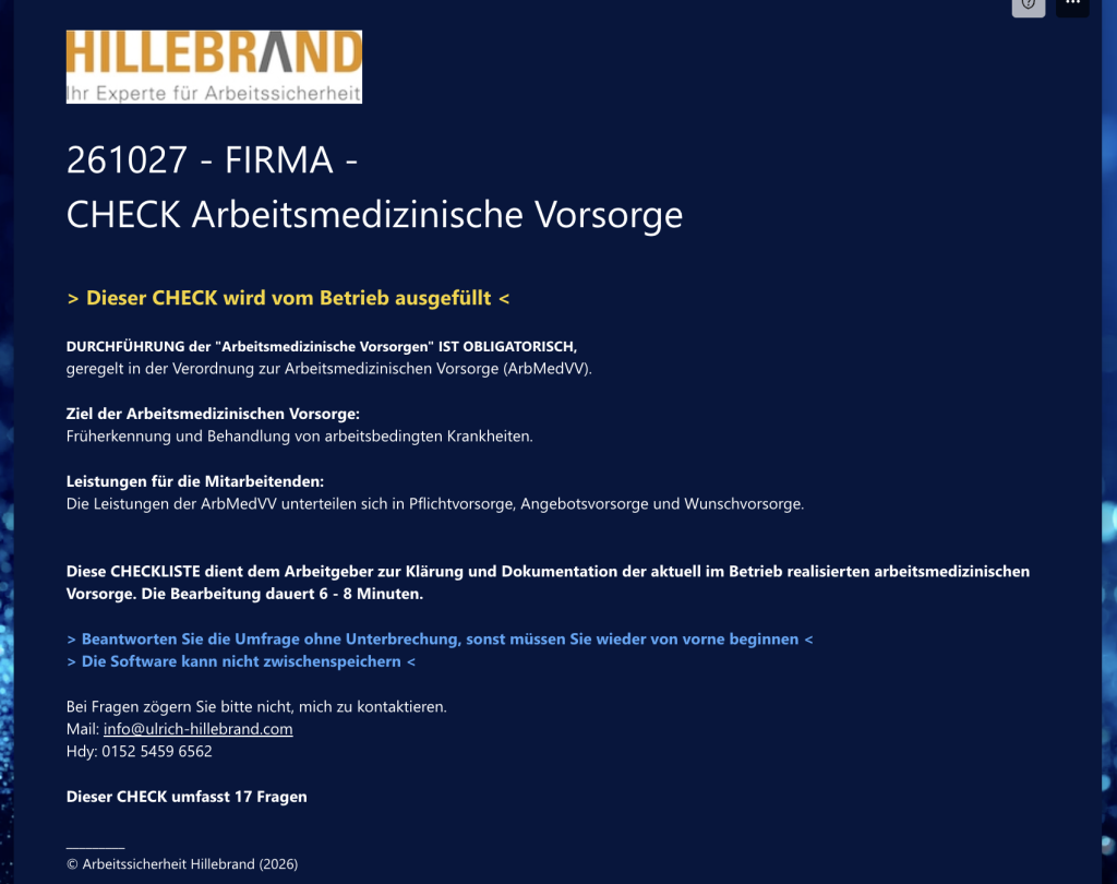 Screenshot des digitalen CHECK Arbeitsmedizinische Vorsorge zur Überprüfung der betrieblichen Vorsorgeorganisation