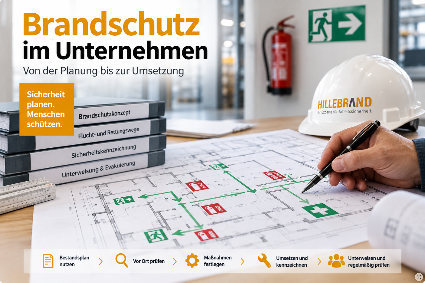 Brandschutz im Unternehmen mit Fluchtwegplanung, Feuerlöscheinrichtungen und betrieblicher Umsetzung