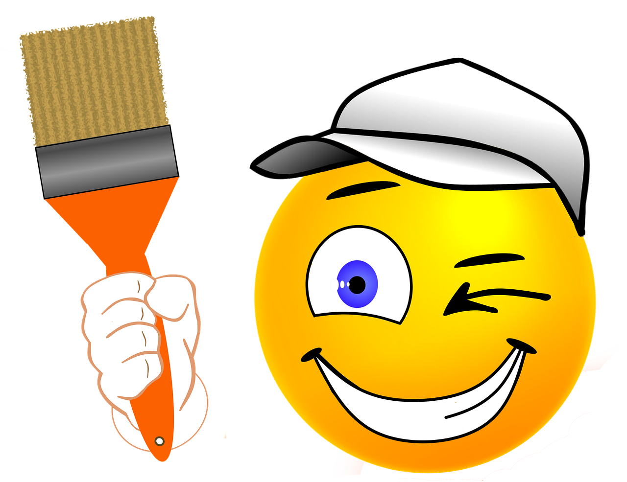 Bild zeigt eine comic figur mit weißer Kappe, die mit grinsend-freundlichem Gesicht auf den Betrachter blickt. Links im Bild ein Malerpinsel, von einer Hand hochgereckt gehalten.