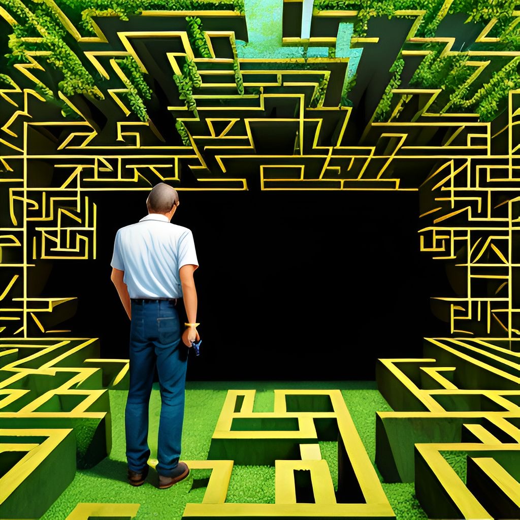 Das Bild zeigt eine 3D-Grafik eines Labyrinths mit einem riesigen schwarzen Loch in der Mitte, ähnlich eines Eingangs zu einem dunklen Tunnel. Davor steht ein Mann, mit dem Rücken zum Betrachter, mit Blick in dieses schwarze Loch. Das Bild drückt etwas Bedrohliches aus.