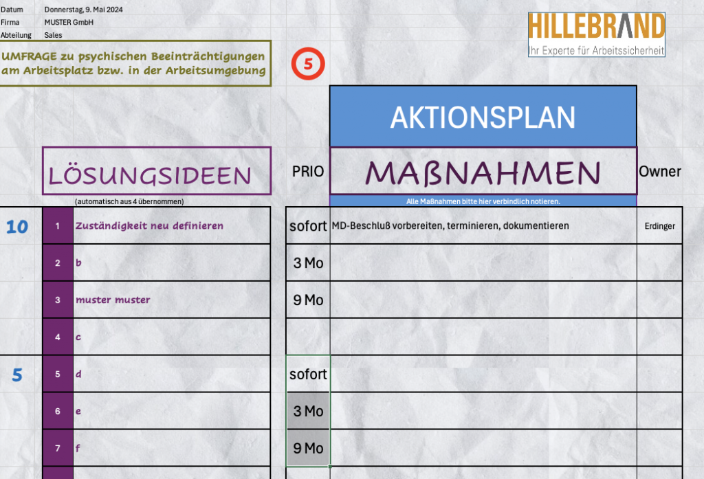 Muster Aktionsplan, Workshop Unterlage zur Festlegung der geplanten Maßnahmen zum Arbeitsschutz, mit Fristen und Namensfeld für den operativ Tätigen.
