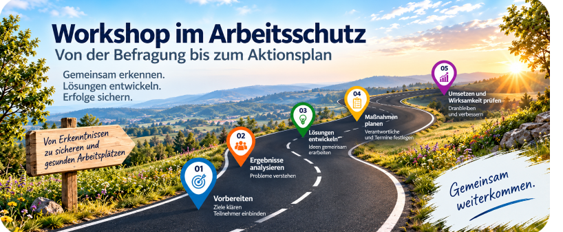 Geschwungene Roadmap für einen Arbeitsschutz-Workshop von der Vorbereitung über Analyse und Lösungsentwicklung bis zu Maßnahmen und Wirksamkeitskontrolle.