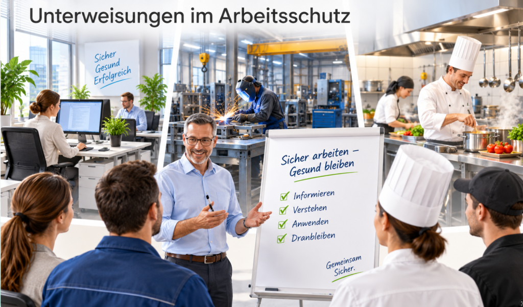 Unterweisung im Arbeitsschutz für Beschäftigte aus Büro, Metallbau und Gastronomie