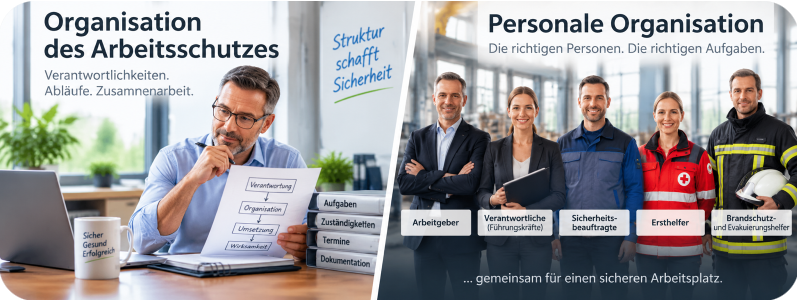 Organisation des Arbeitsschutzes mit Verantwortlichen, Sicherheitsbeauftragten, Ersthelfern und Brandschutzhelfern