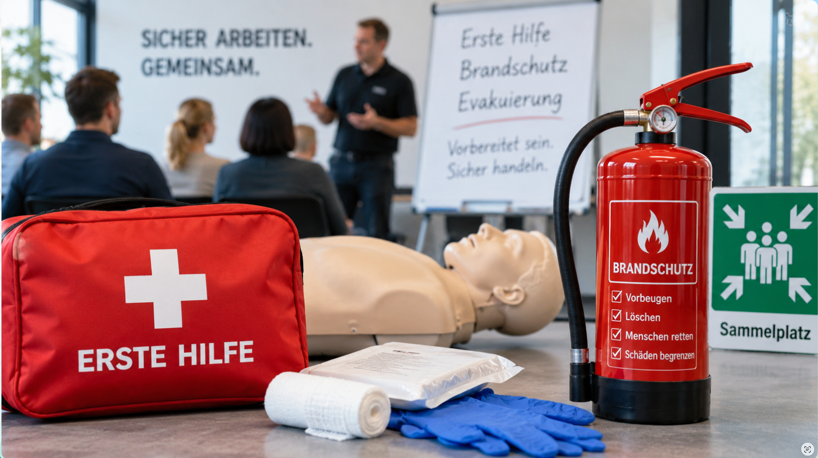 Ersthelfer- und Brandschutzhelfer-Ausbildung mit Erste-Hilfe-Ausrüstung, Feuerlöscher und Evakuierungsübung