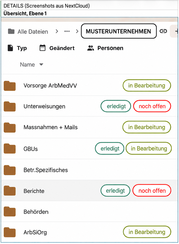 Die Ordnerstruktur (oberste Ebene) in der NextCloud von Arbeitssicherheit Hillebrand