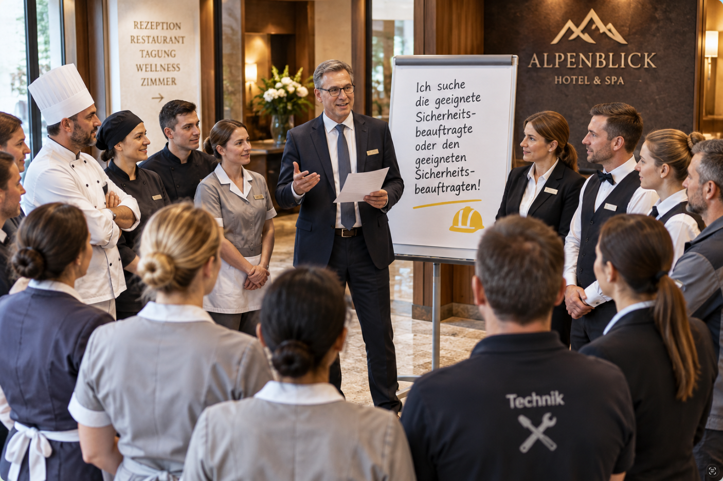 Hoteldirektor im Gespräch mit Beschäftigten aus Küche, Housekeeping, Rezeption, Service und Haustechnik zur Auswahl eines geeigneten Sicherheitsbeauftragten