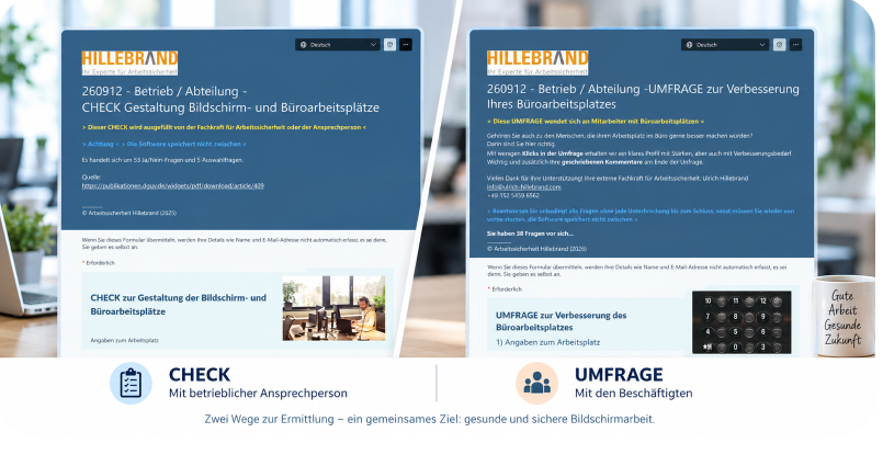 CHECK und UMFRAGE zur Gefährdungsbeurteilung von Bildschirmarbeitsplätzen