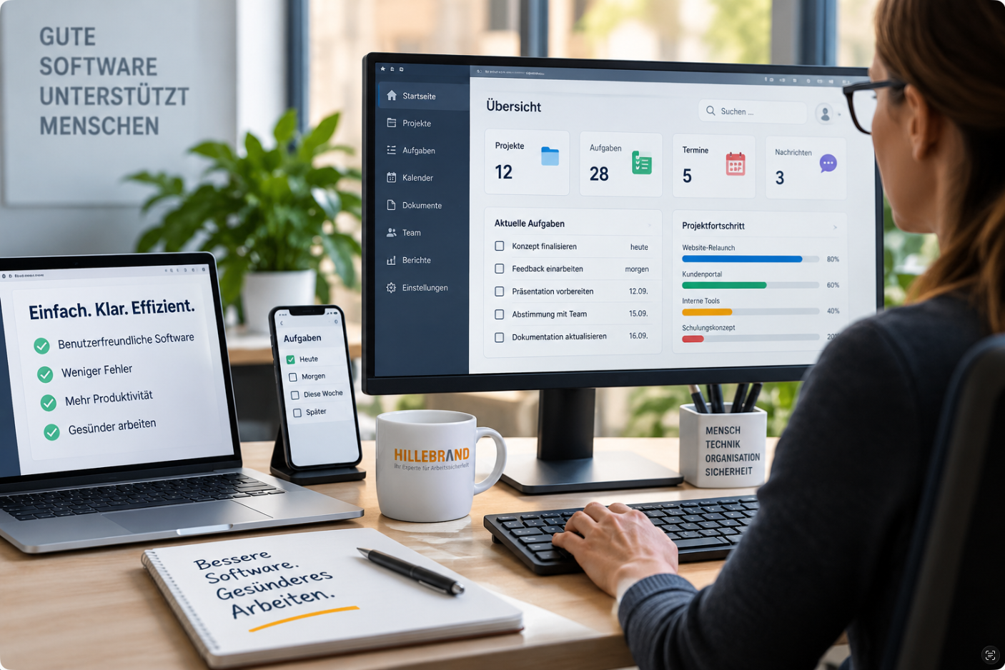 Ergonomisch gestaltete Software an einem modernen Bildschirmarbeitsplatz