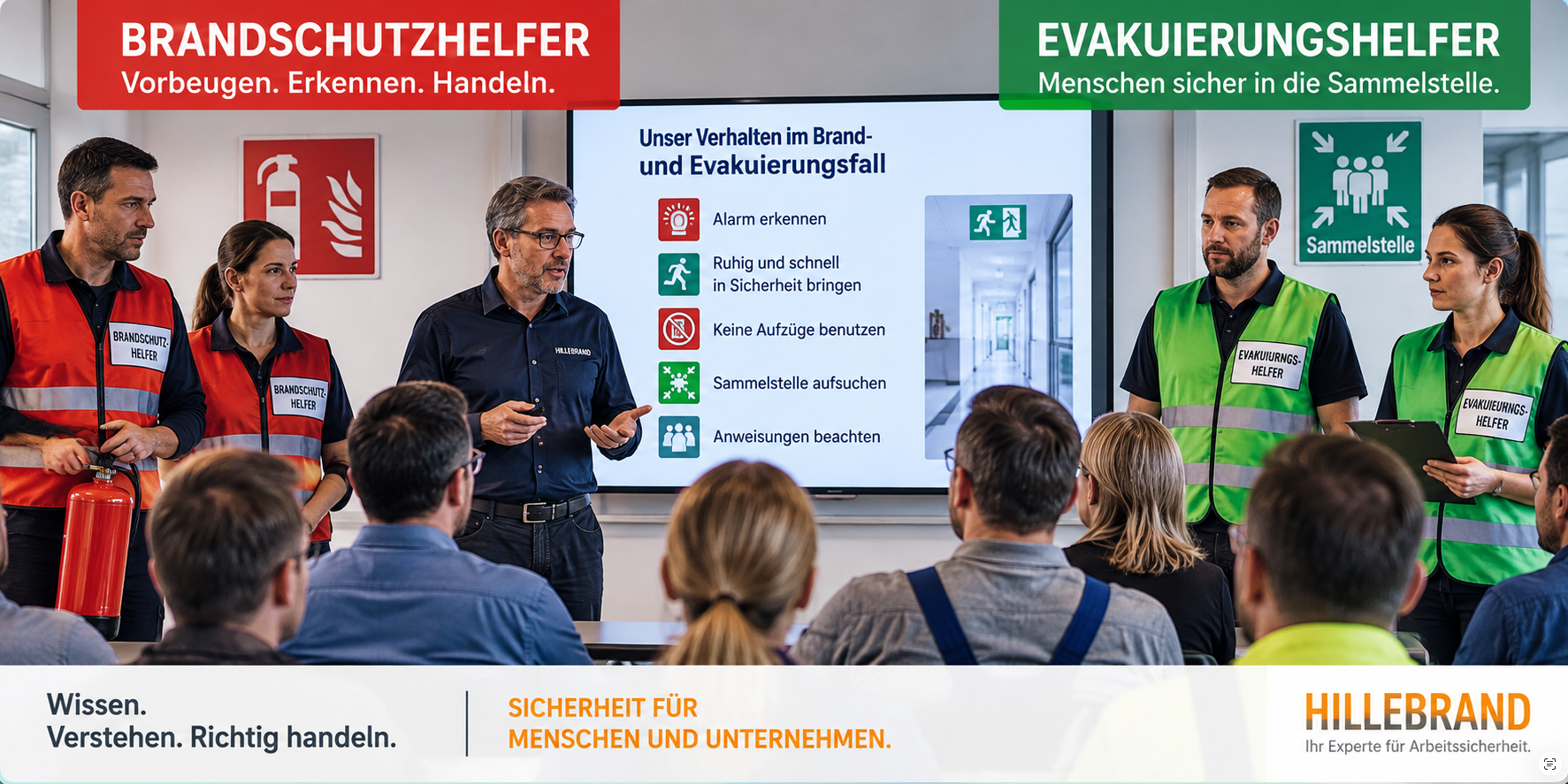Brandschutzunterweisung für Beschäftigte zum richtigen Verhalten im Brand- und Evakuierungsfall