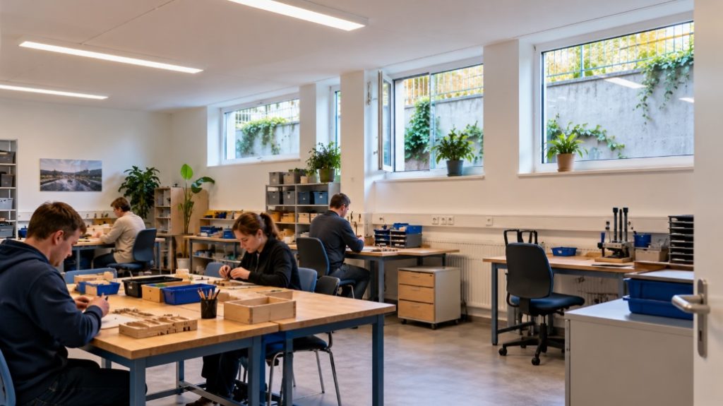 Werkstattraum im Untergeschoss mit Beschäftigten an Arbeitstischen, Tageslichteinfall durch Fenster zu Lichtschächten und ergänzender Deckenbeleuchtung.