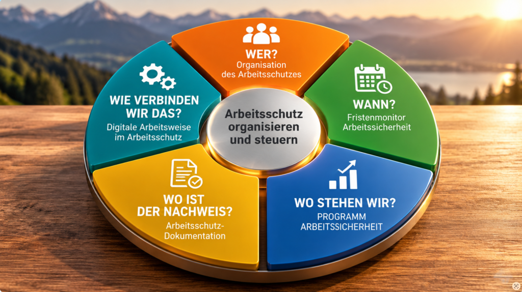 Arbeitsschutz organisieren und steuern – Drehscheibe mit Organisation, Fristen, Bewertung, Dokumentation und digitaler Arbeitsweise
