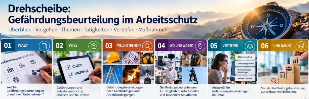 Drehscheibe Gefährdungsbeurteilung im Arbeitsschutz mit sechs Schritten