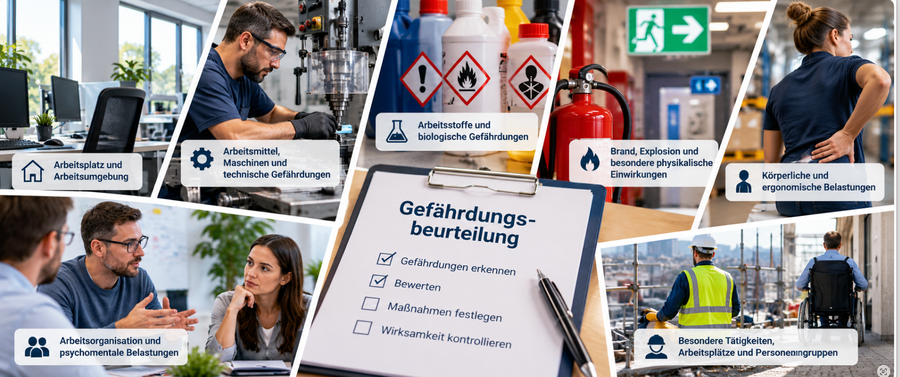 Übersicht zur Gefährdungsbeurteilung im Arbeitsschutz mit sieben Themenfeldern von Arbeitsplatz und Maschinen bis Ergonomie und Arbeitsorganisation