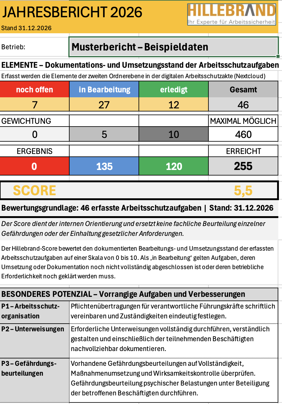 Beispiel eines Jahresberichts Arbeitssicherheit mit Bewertungsscore und priorisierten Verbesserungsaufgaben