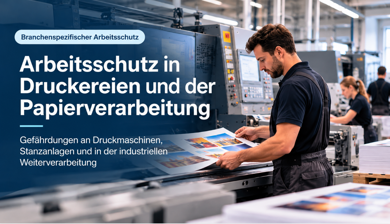 Arbeitsschutz in Druckereien und der Papierverarbeitung – Beschäftigte an industriellen Druckmaschinen mit Übersicht zu Druckprozessen, Papierverarbeitung, Betriebsstoffen und Materialtransport.