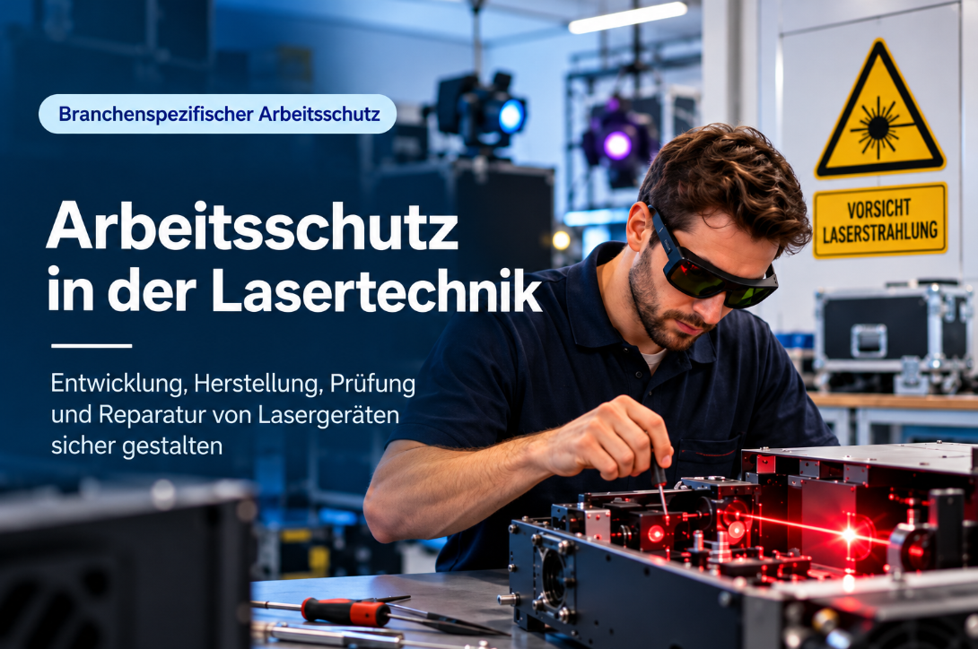 Arbeitsschutz Lasertechnik – Techniker mit Laserschutzbrille bei der Justierung eines Lasergeräts