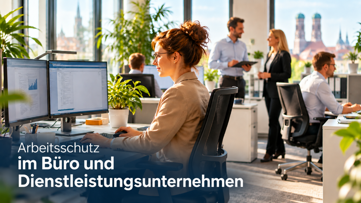 Arbeitsschutz im Büro – Mitarbeiterin an einem ergonomischen Bildschirmarbeitsplatz in einem modernen Dienstleistungsunternehmen