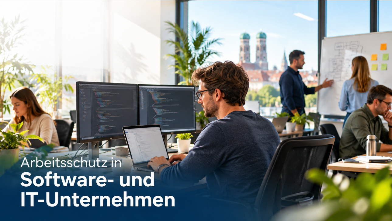 Bildschirmen in einem modernen IT-Unternehmen mit Projektbesprechung im Hintergrund