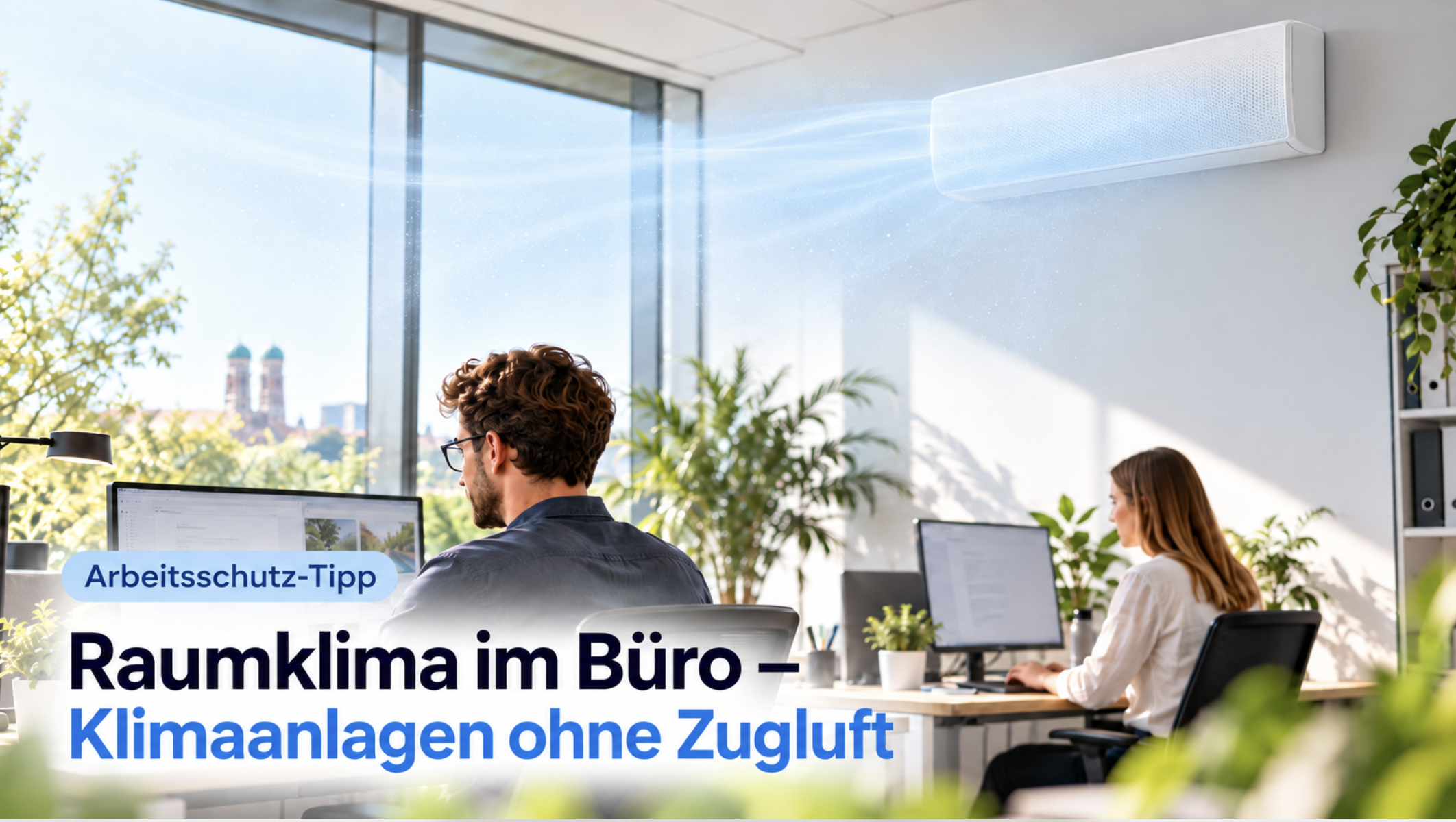 Modernes Büro mit Beschäftigten und einer Klimaanlage, die gekühlte Luft sanft und gleichmäßig im Raum verteilt.