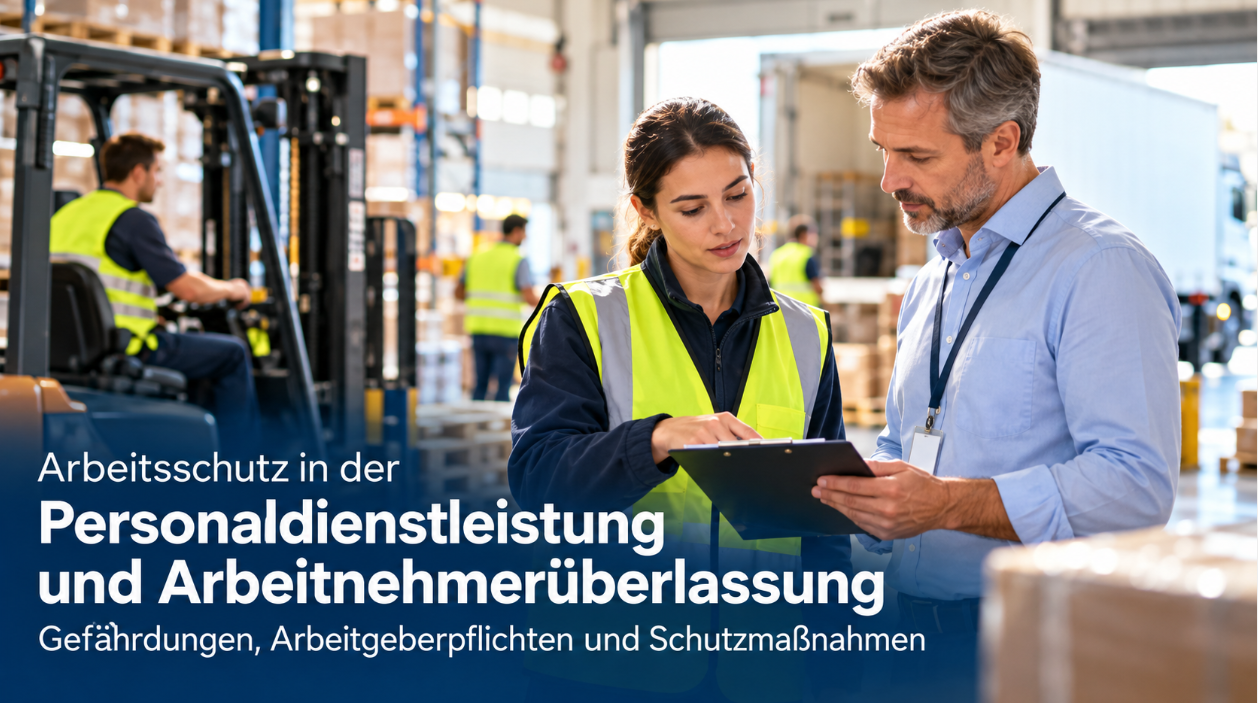 Beschäftigte und Verantwortlicher besprechen Arbeitsschutzmaßnahmen in einem Logistikbetrieb bei der Arbeitnehmerüberlassung