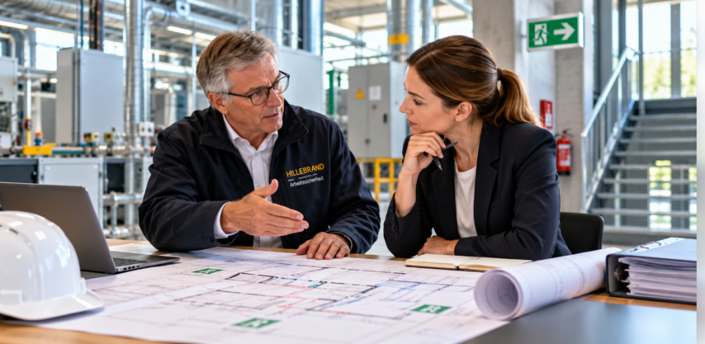 Fachliche Projektberatung im Arbeitsschutz: Sicherheitsfachmann bespricht technische Planungsunterlagen mit einer betrieblichen Verantwortlichen in einer Industrieanlage.
