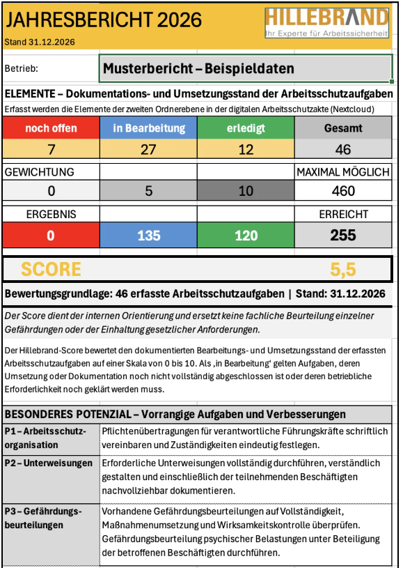 Beispiel eines Jahresberichts Arbeitssicherheit mit Hillebrand-Score und Übersicht der Verbesserungspotenziale.