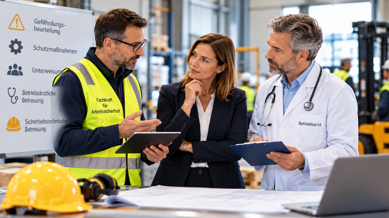 Fachkraft für Arbeitssicherheit und Betriebsarzt beraten eine Geschäftsführerin zur Regelbetreuung im Arbeitsschutz.