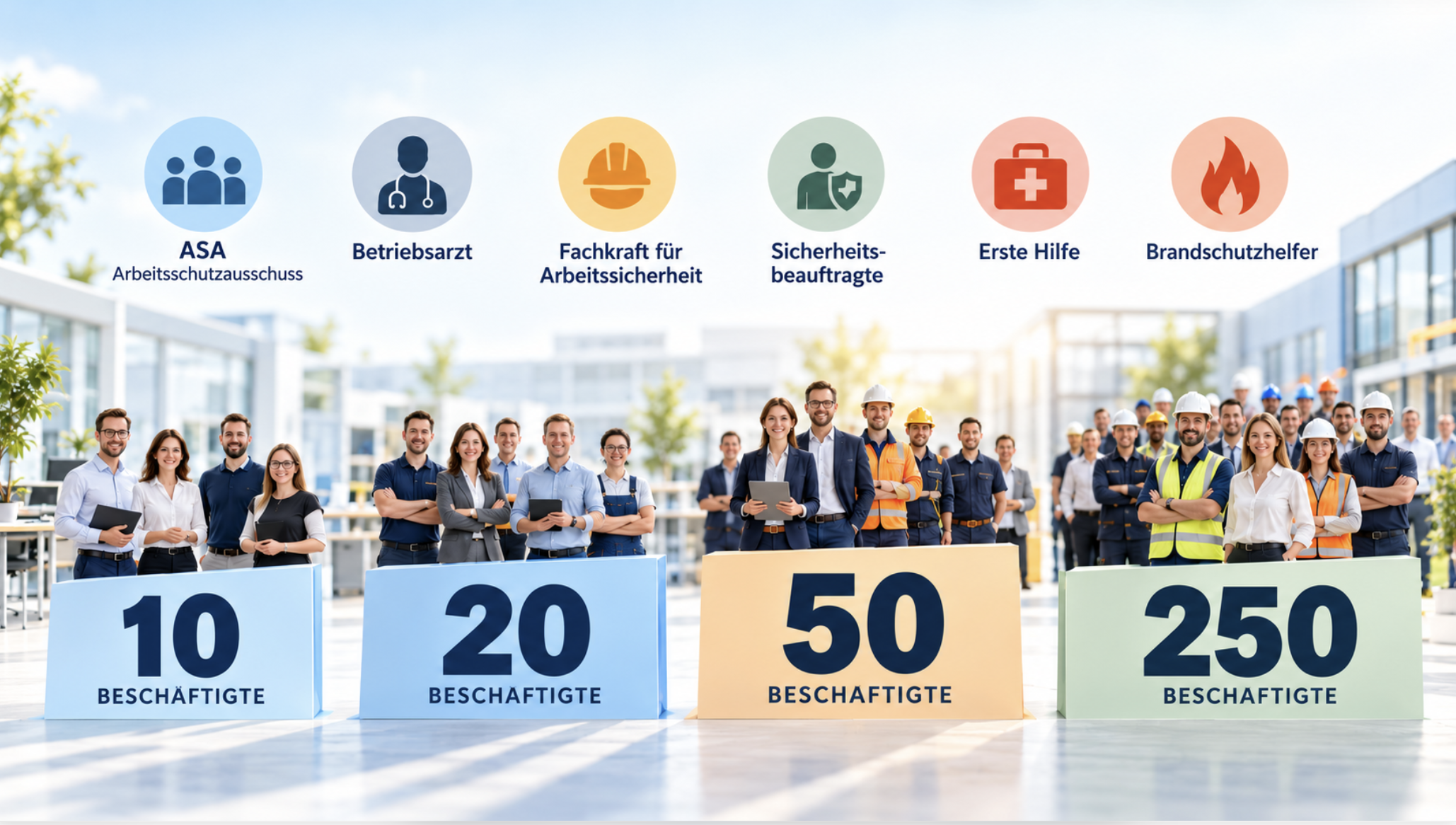 Arbeitsschutz-Schwellenwerte für 10, 20, 50 und 250 Beschäftigte mit Symbolen für ASA, Betriebsarzt, Fachkraft für Arbeitssicherheit, Sicherheitsbeauftragte, Erste Hilfe und Brandschutz.