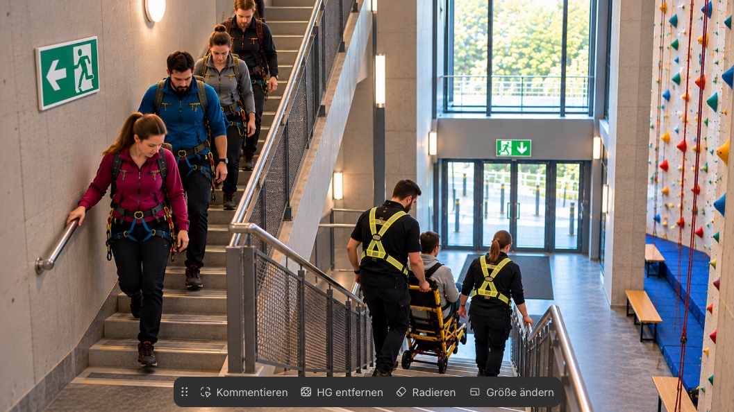 Evakuierung in einer mehrgeschossigen Kletterhalle: Zwei Helfer führen eine Person im Evakuierungsstuhl die Treppe hinunter, während weitere Personen den Fluchtweg benutzen.