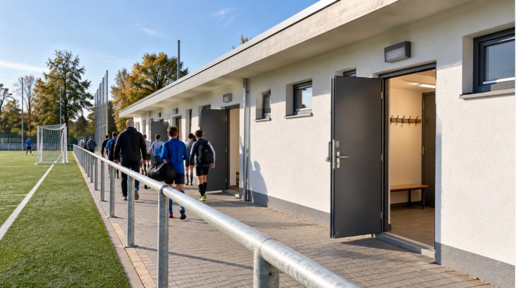 Fluchtwege in Sportanlagen – nach außen öffnende Notausgangstüren an einem Umkleidegebäude