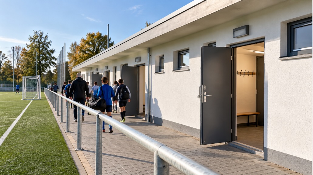 Fluchtwege in Sportanlagen – nach außen öffnende Notausgangstüren an einem Umkleidegebäude